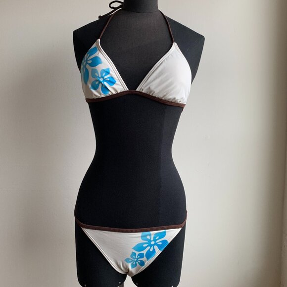 Billabong BLUE CRUSH era Vintage bikini cream & blue floral triangle set RARE - Picture 2 of 6
